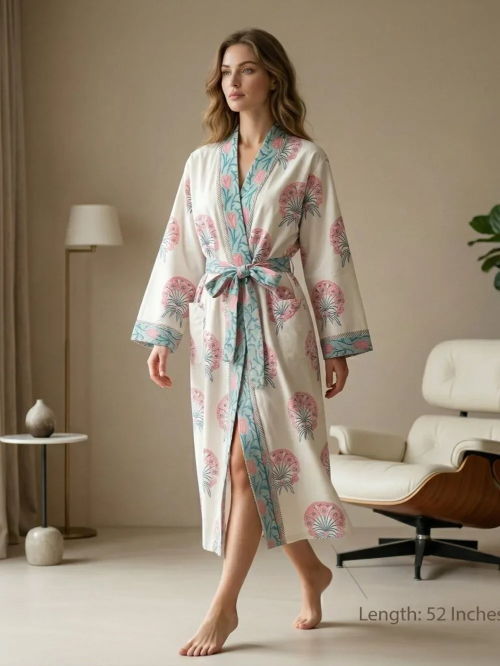 Reversible Cotton Kimono Robe, Hand Block Print Bathrobe, Floral Quilted for Her
